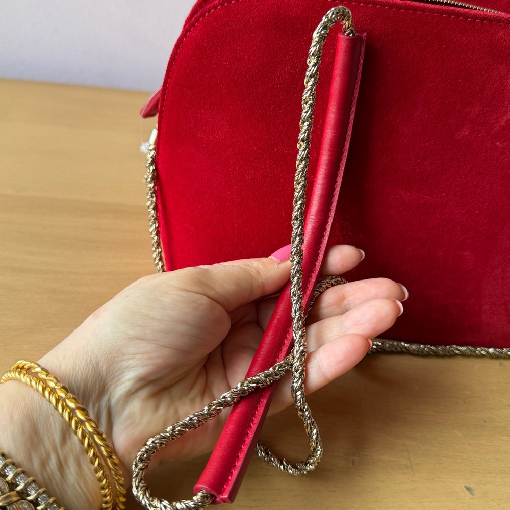 SEZANE RED SUEDE ZIP TOP SHOULDER BAG GOLD COLR METAL CHAIN LEATHER STRAP UNUSED - Picture 13 of 16